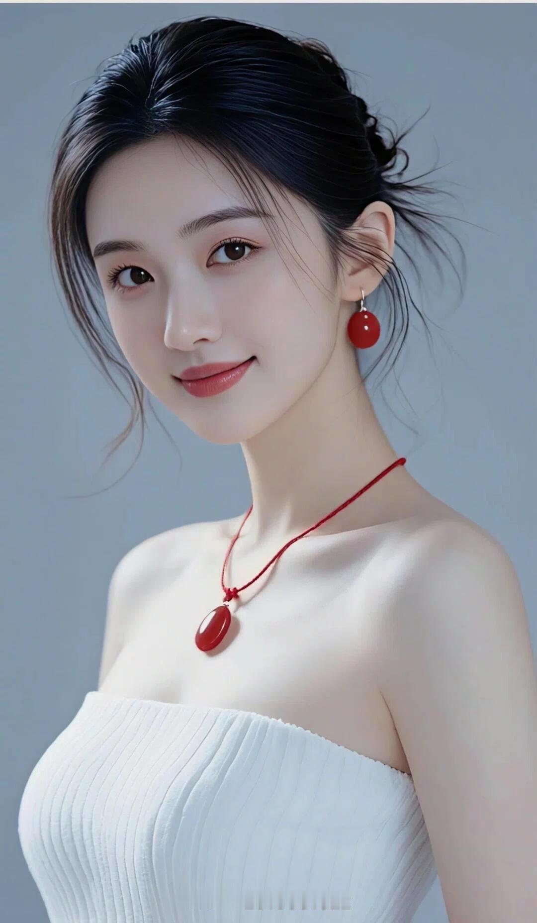优雅红唇，甜美笑容，红宝石耳坠，白色礼服，气质非凡！