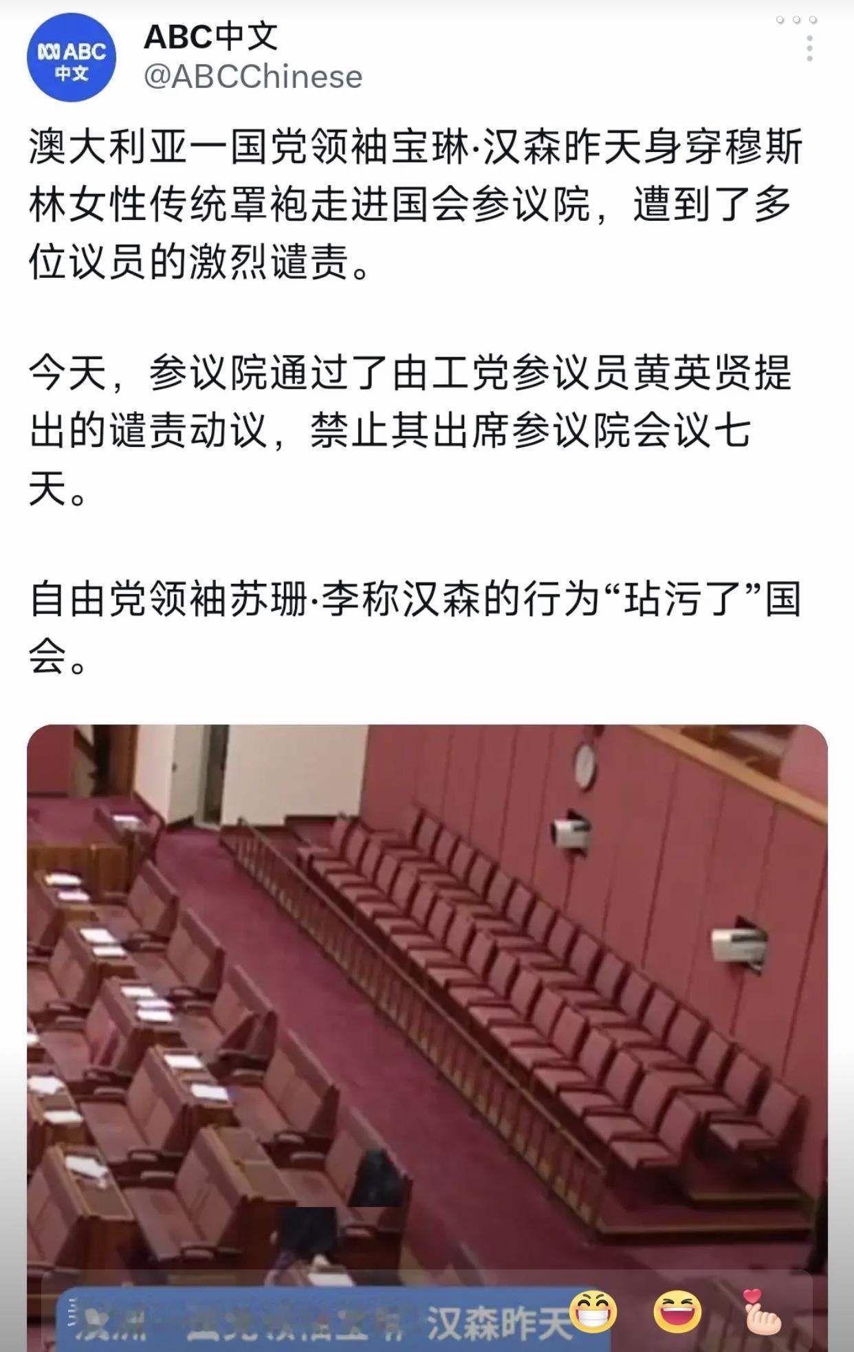 澳大利亚国会竟上演如此荒诞一幕！宝琳·汉森本想提案禁止公共场合穿遮脸黑罩袍，却连