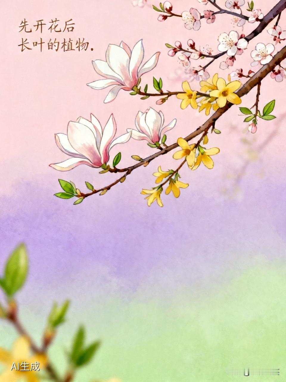 早春时节，常见“先开花、后长叶”的植物，如梅花、玉兰、迎春花、连翘。它们的花芽萌