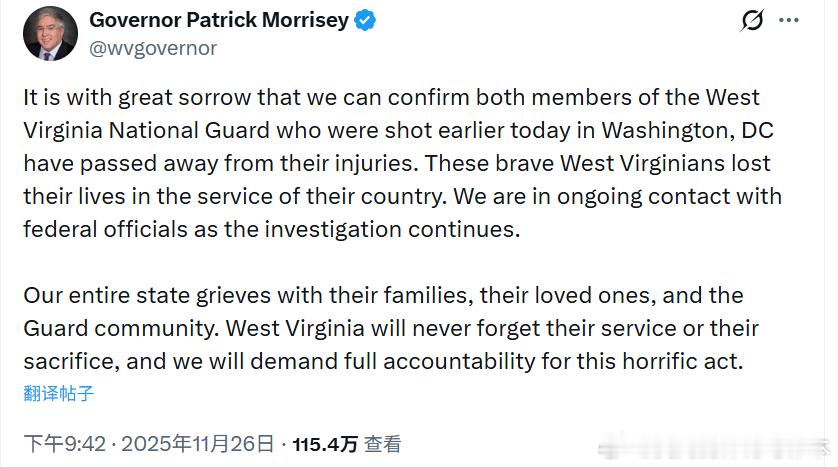【黄金时代】续前文，西弗吉尼亚州长确认，在华盛顿特区遭枪击的两名西弗吉尼亚州国民
