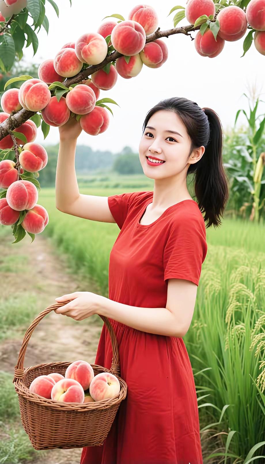 田园少女采摘桃子，笑靥如花，收获满满！🍑🌸🌾