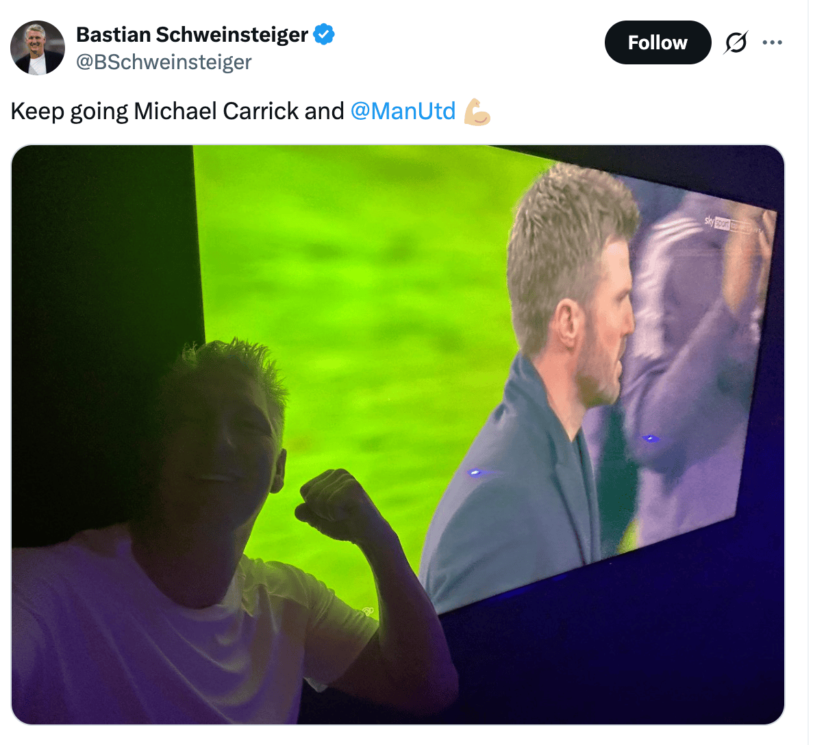 卡里克率曼联逆转绝杀阿森纳, 前队友施魏因斯泰格发文祝福