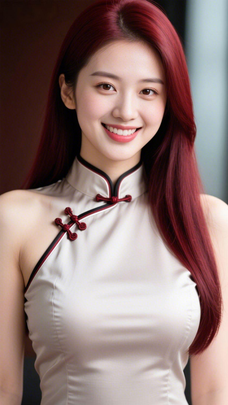 旗袍雅韵染红丝暖调背景晕开柔和的轮廓，米白色旗袍的缎面泛着细腻柔光，红玛瑙