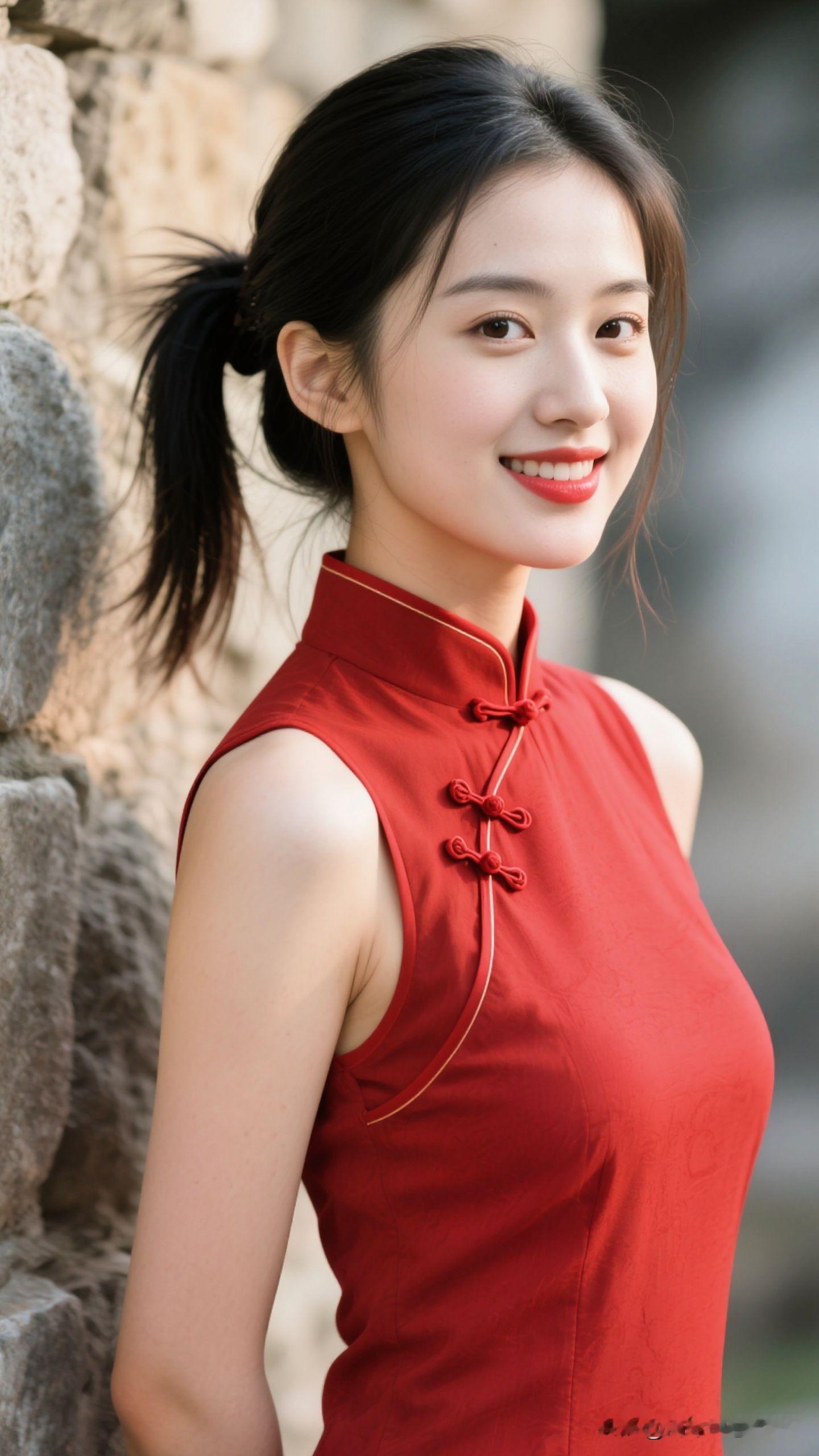 红衣美人倚石立，笑靥如花映日红。