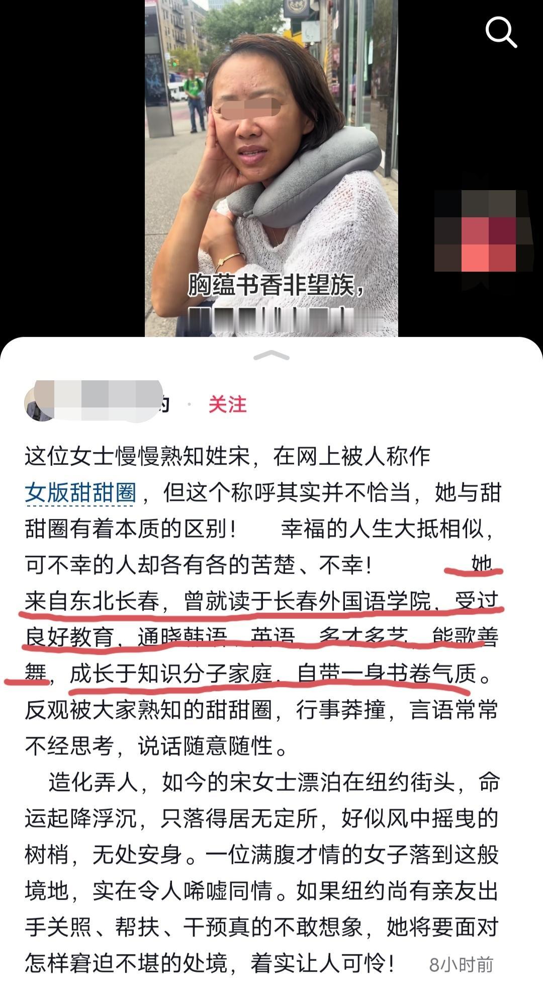 一名华人女子独自流浪在纽约街头，状态看着落魄，却凭着不俗的谈吐和唱功，瞬间引发无