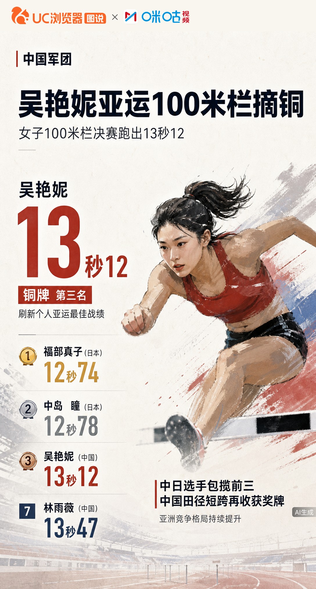 名古屋亚运女子100米栏，吴艳妮13秒12摘铜！日本选手包揽冠亚军，冠军成绩12秒74。林雨薇13秒