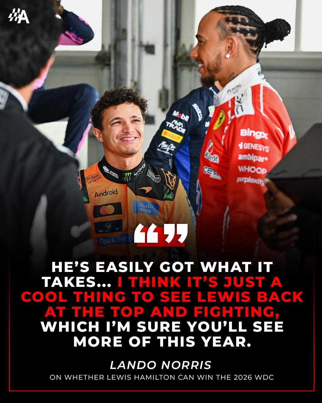 诺里斯看好老大哥汉密尔顿：“他很容易就获得所需的东西...我认为，看到刘易斯站在