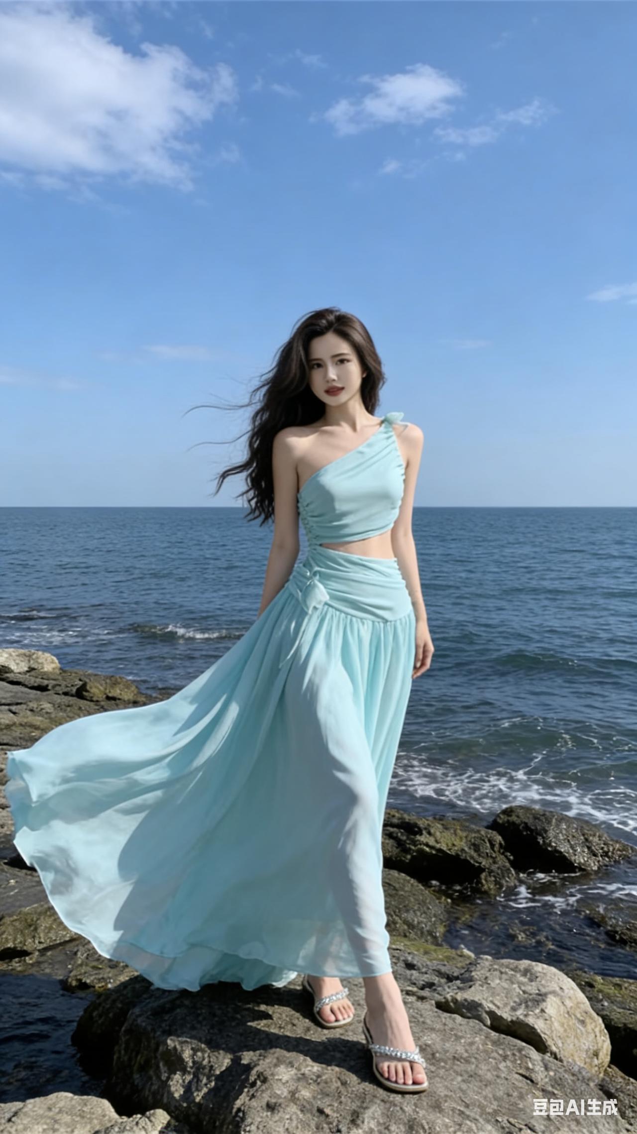 海边漫步，轻盈飘逸的蓝绿色长裙，海风轻拂，自在悠然。浅绿鸢尾度假裙海边氛围
