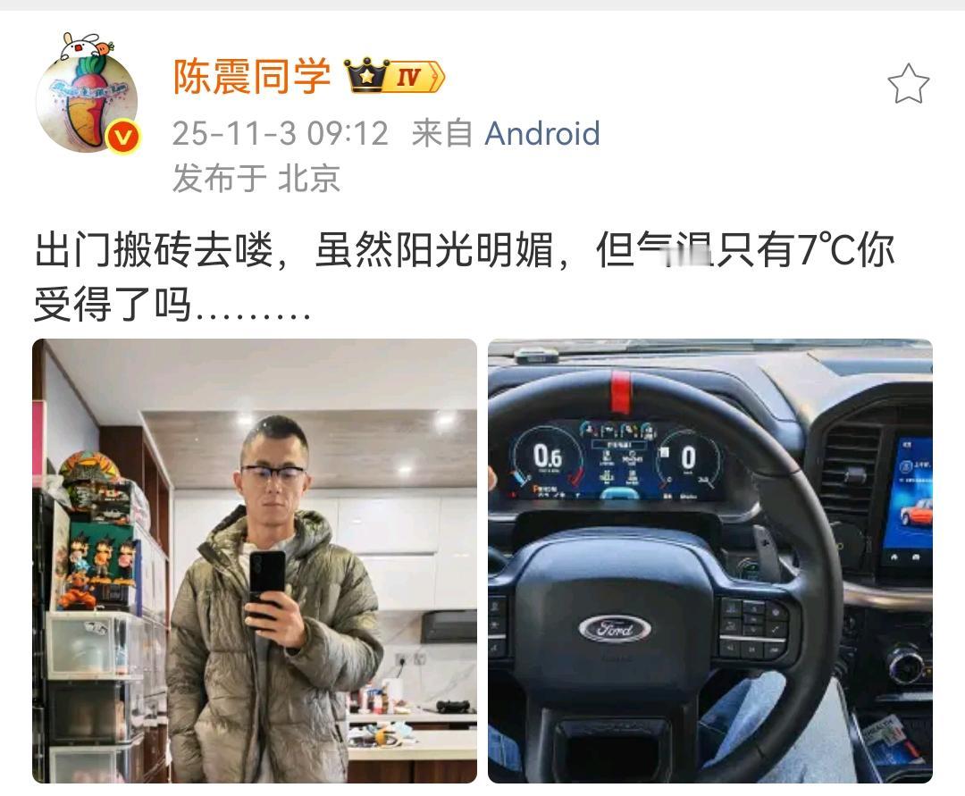 陈震：出门搬砖去喽，虽然阳光明媚，但气温只有7℃你受得了吗………​​​陈