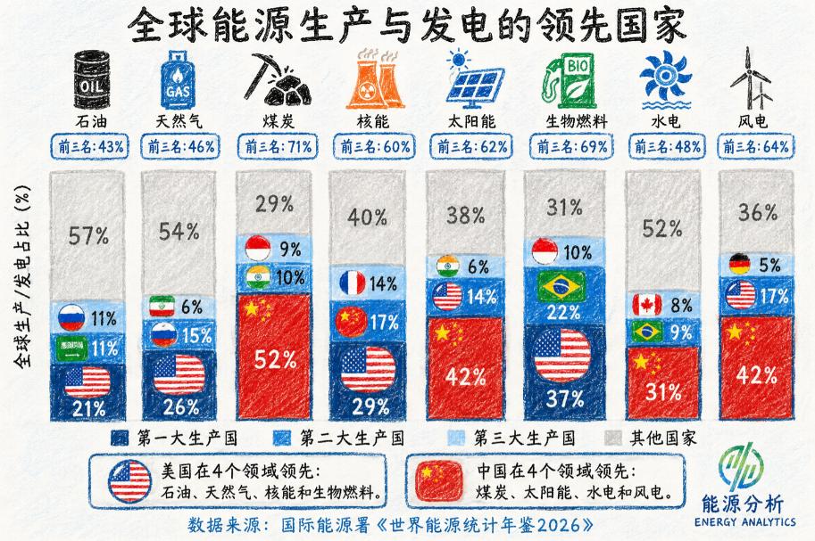刚看到一张图：在全球八大核心能源品类里，中美恰好各占四个“世界第一”，上演了一场