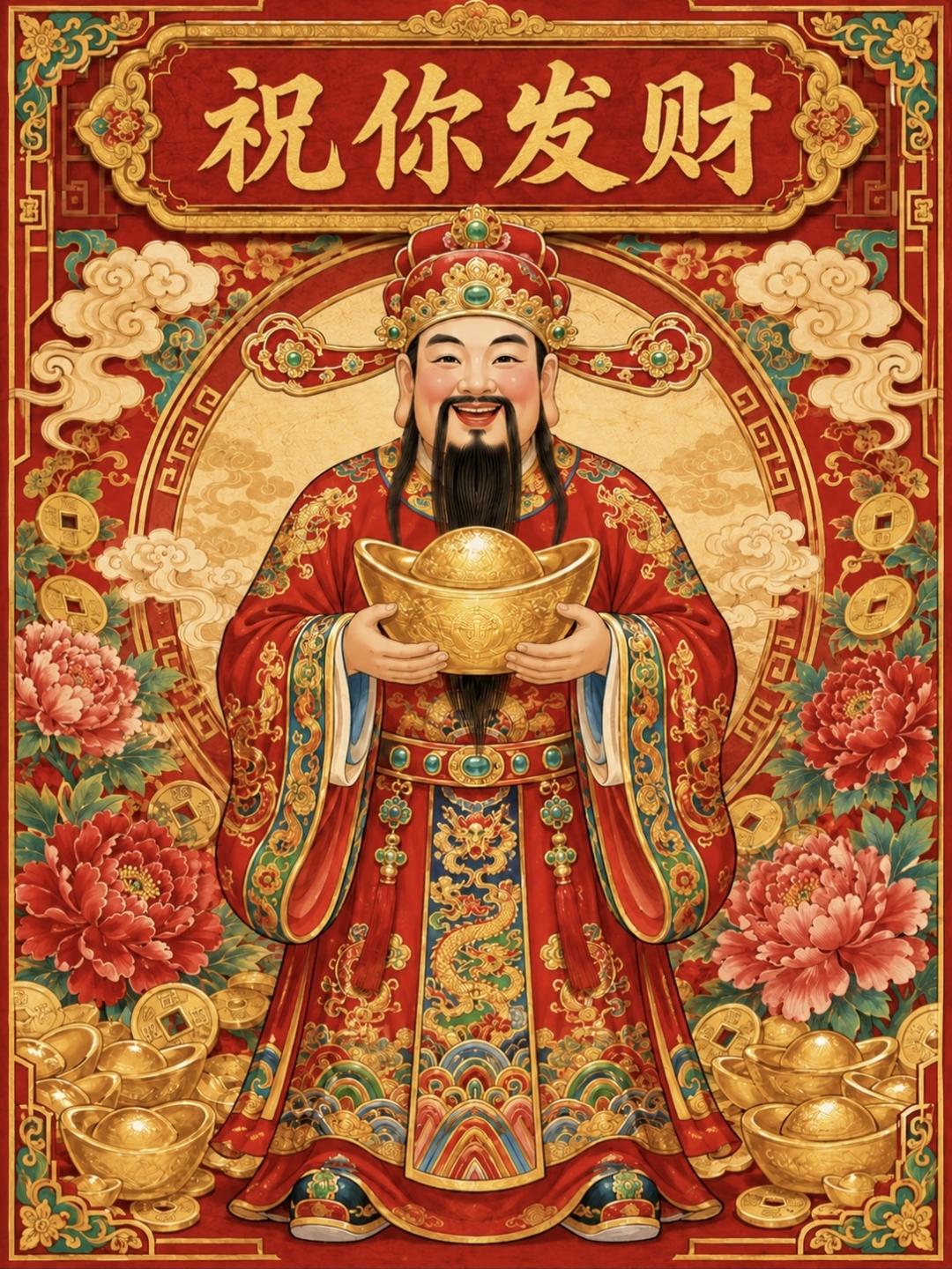 财神爷爷笑盈盈，金元宝捧满怀！祝你发财，好运爆棚接不停～传统文化传递正能量绘