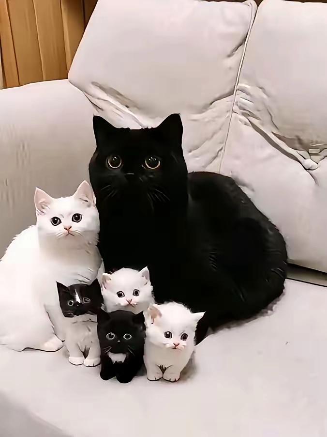 我家黑猫出去领回来一只小白猫，过了几个月就多了新成员[捂脸哭]