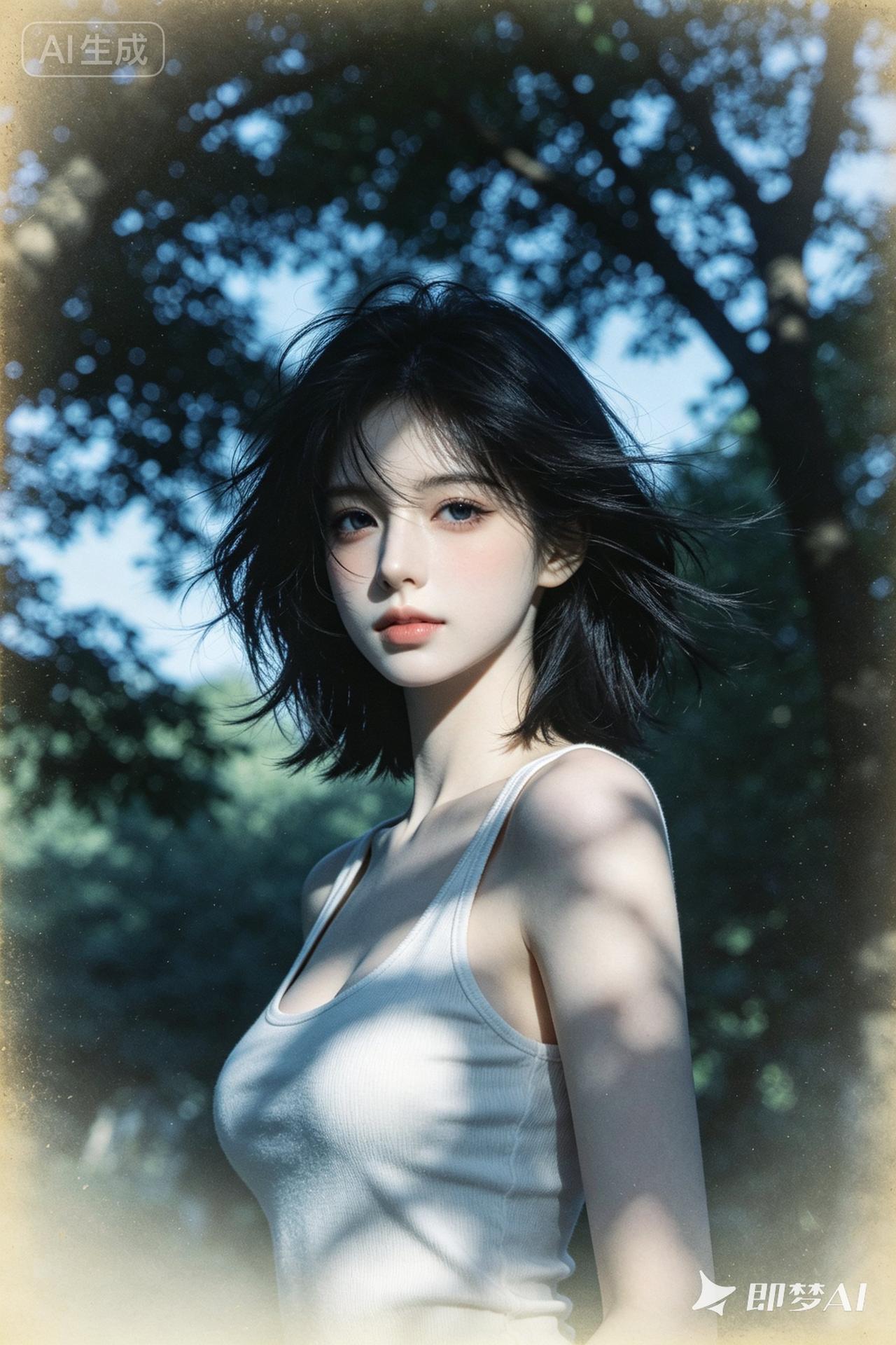 阳光下的黑发少女，梦幻而迷人。