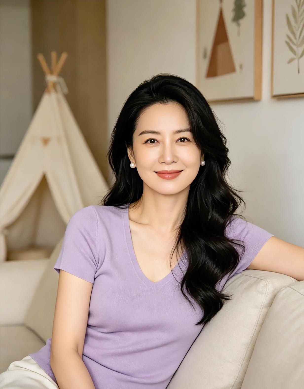 沙发一陷，时光就慢了半拍。淡紫轻软，长发微卷。珍珠温润，笑意舒展。小
