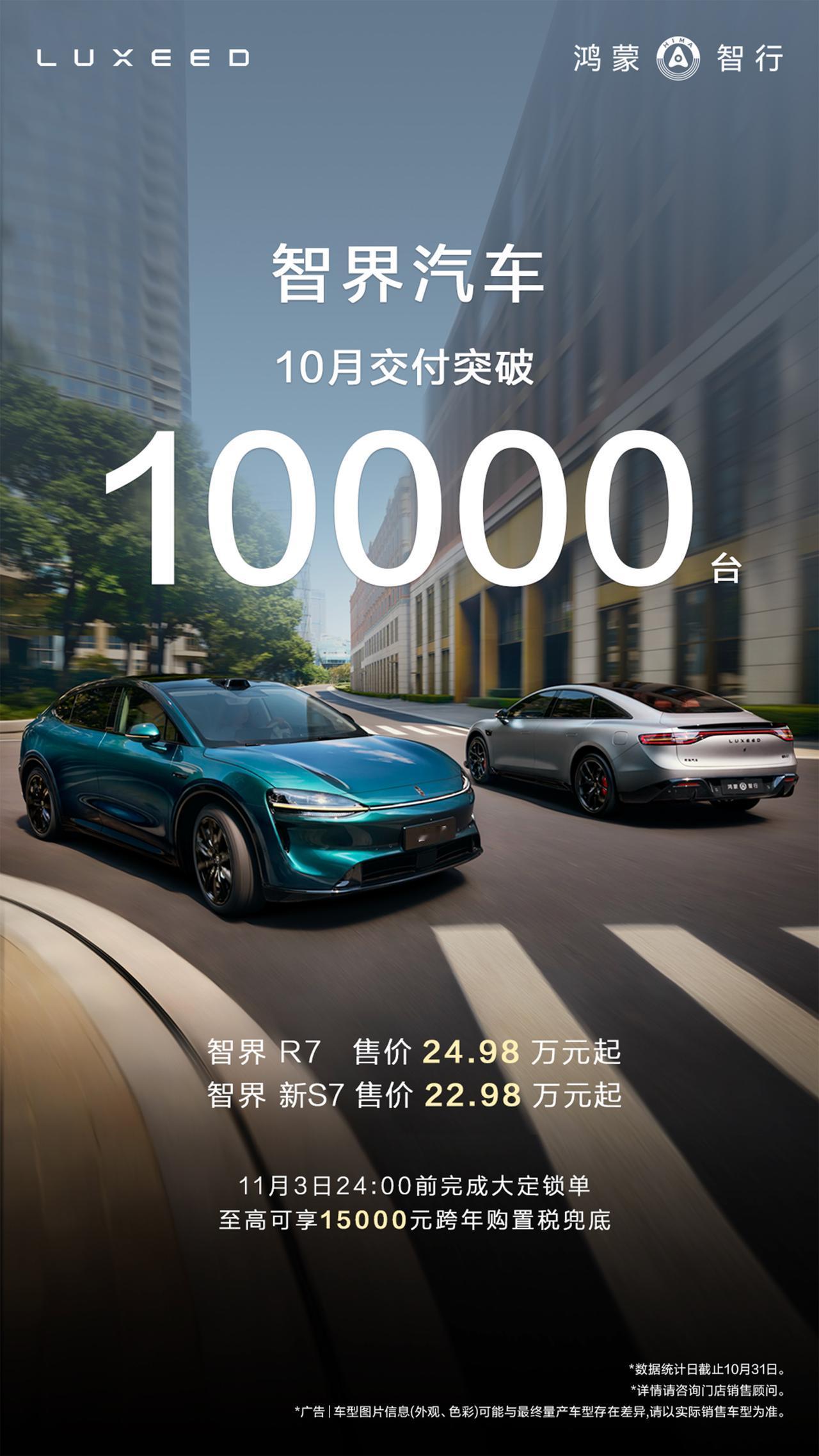 智界汽车今日公布，旗下新款智界R7与S7车型10月单月交付量破万！依托智界超级工