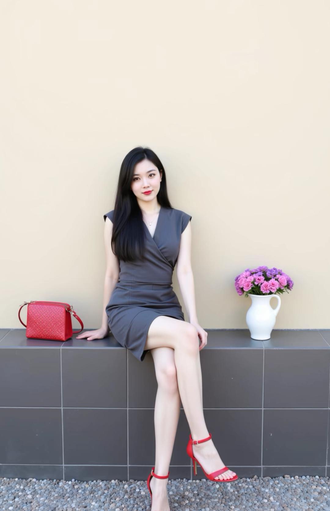 优雅红裙与清新花束的完美搭配，尽显都市女性魅力！🌸👗👠