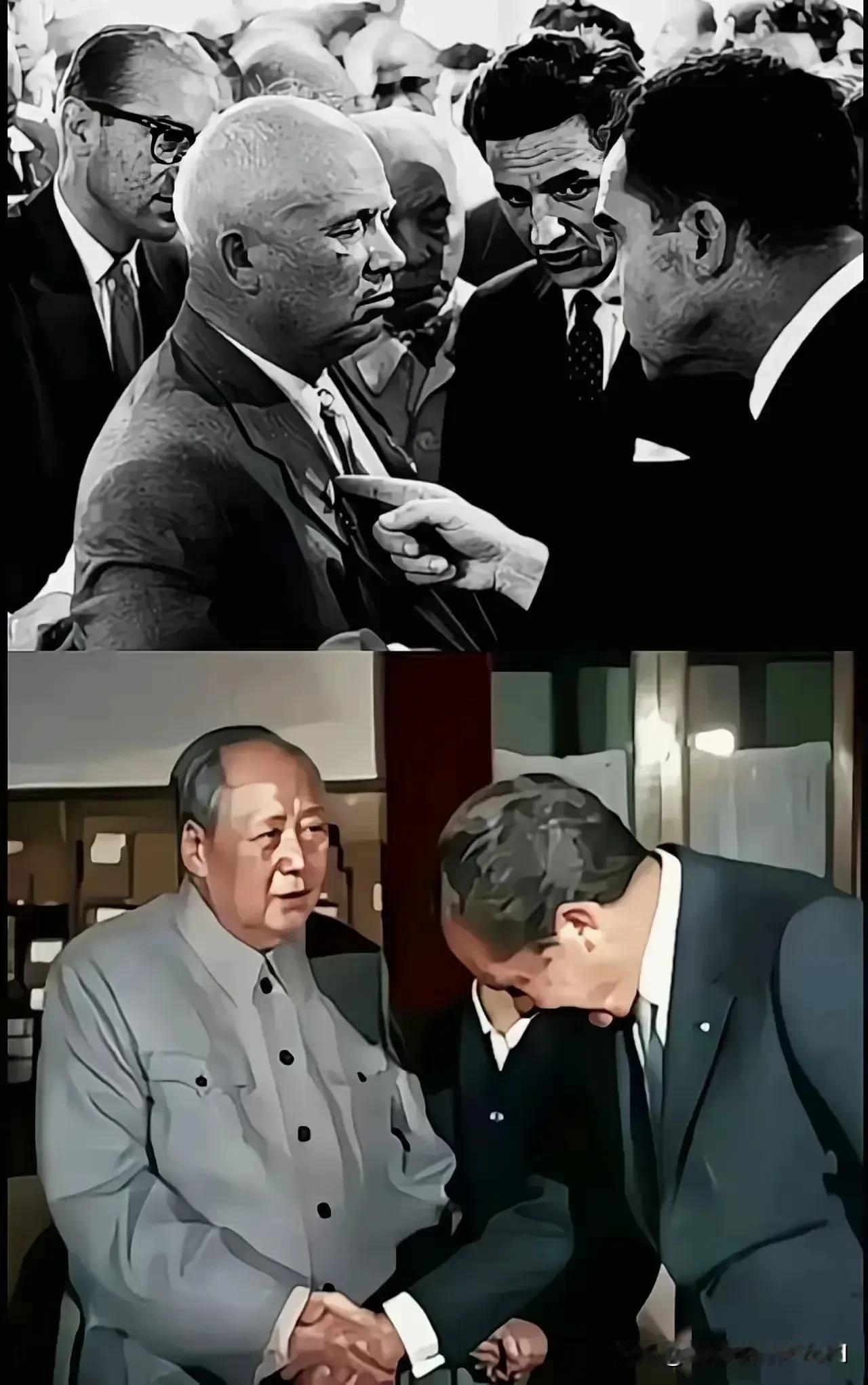 同一时代，同是大国领导人。尼克松见赫鲁晓夫，瞪大眼睛，用手指指戳戳着他的胸脯，像