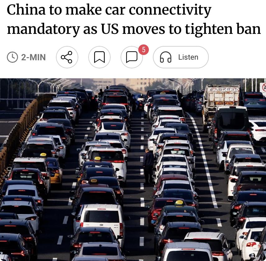 外媒：中国将把汽车联网纳入汽车安全监管体系，要求配备智能驾驶辅助系统的新车具备持
