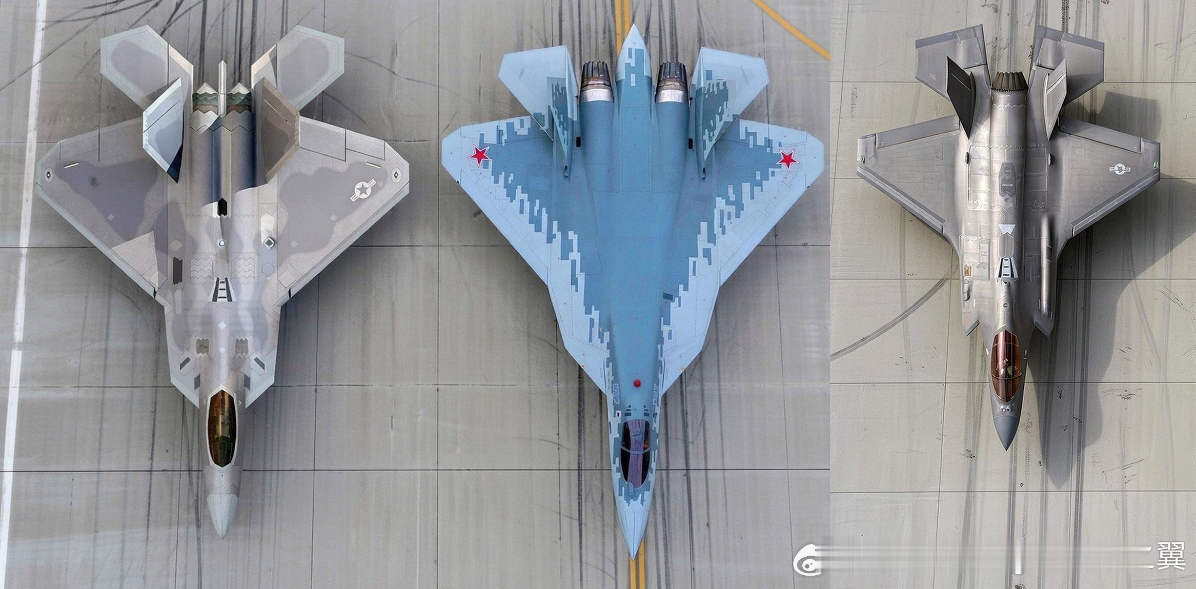 F-22、苏-57、F-35A尺寸对比