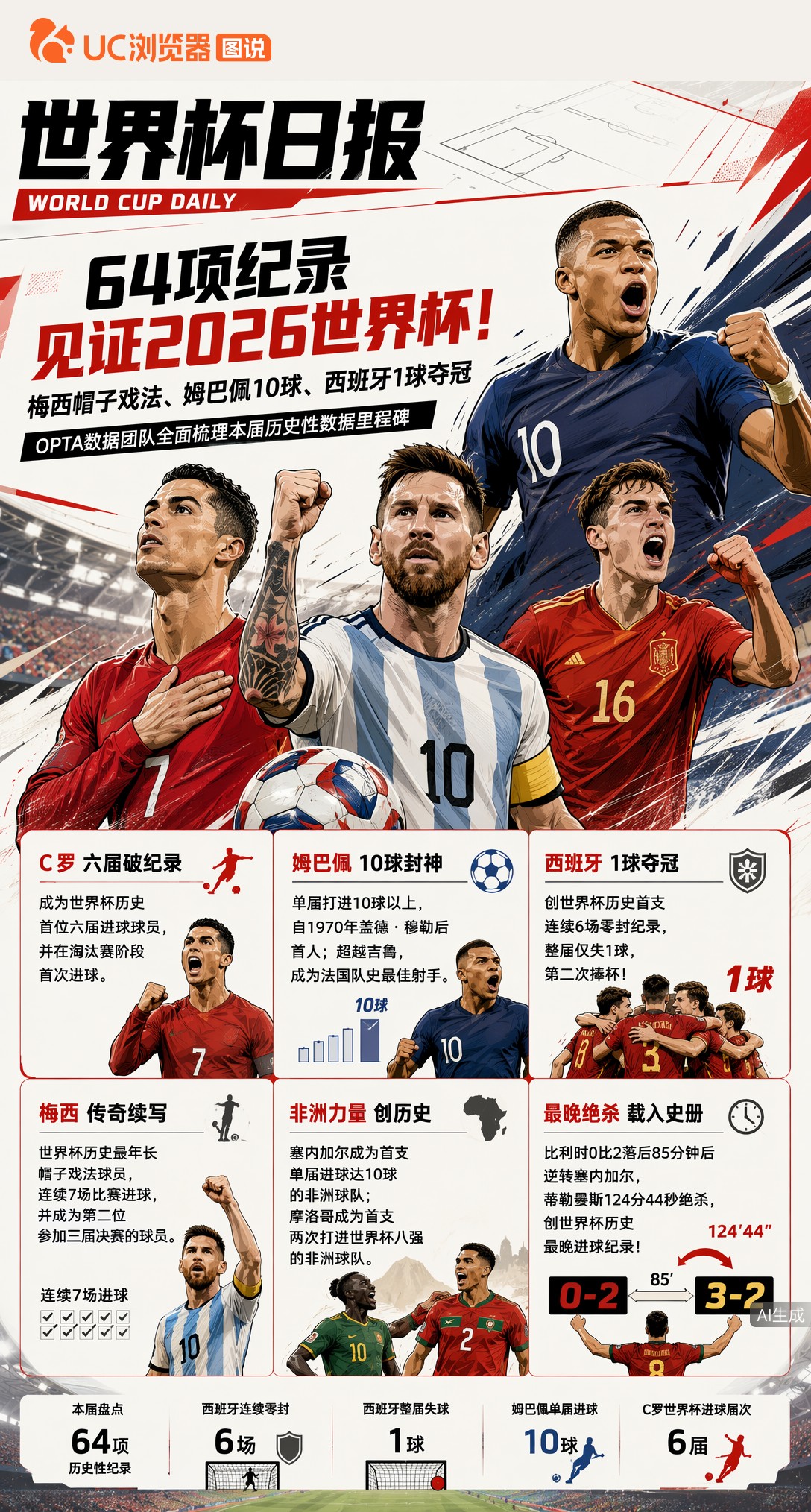 64项纪录见证2026世界杯！梅西帽子戏法、姆巴佩10球、西班牙1球夺冠