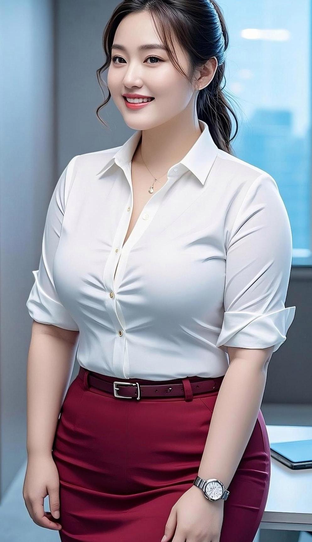 这位女士穿着职业装，看起来很有精神。