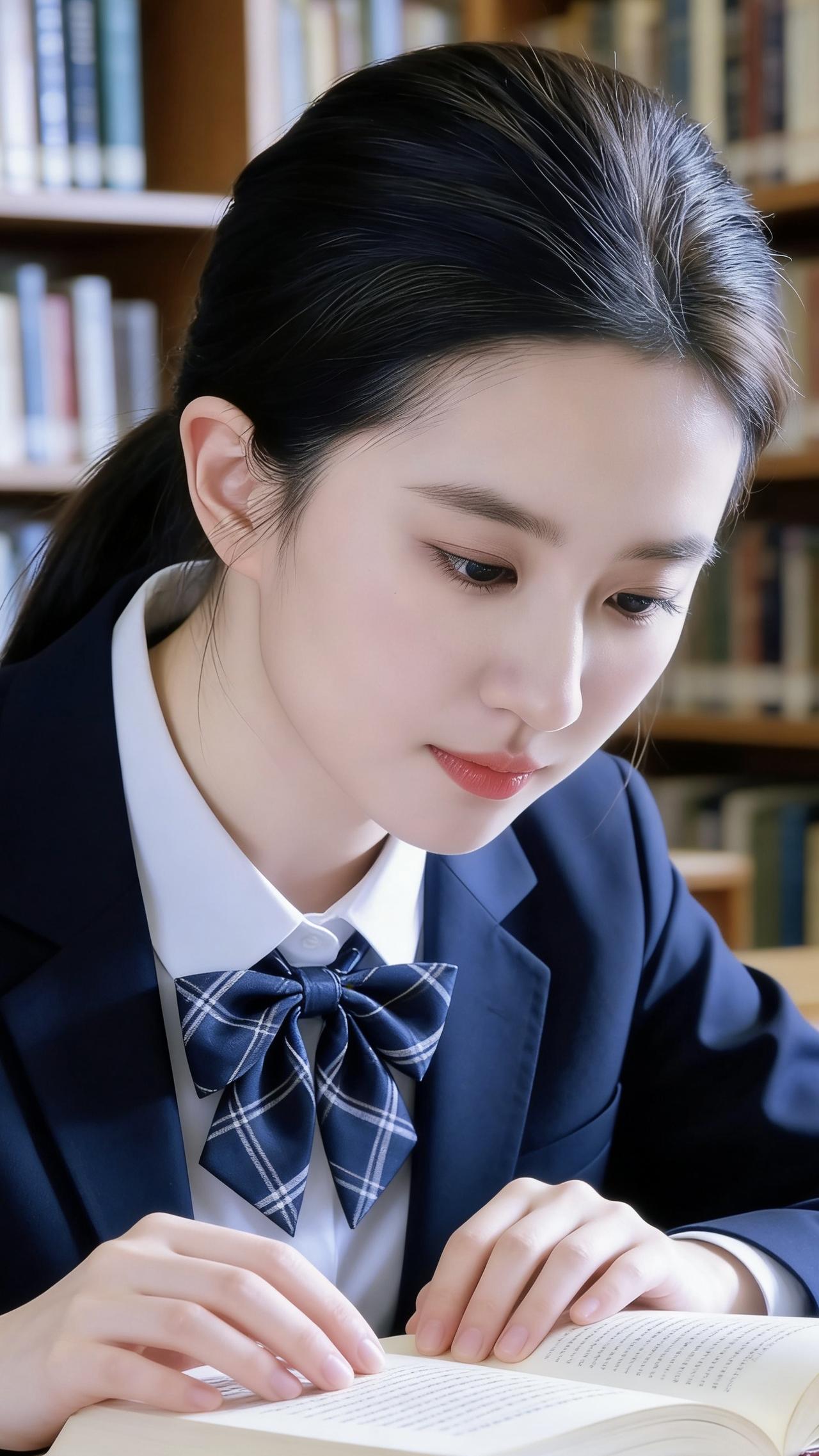 她身着一套规整的学院风制服，藏青色西装外套挺括利落，内搭的白衬衫领口干净平整，系