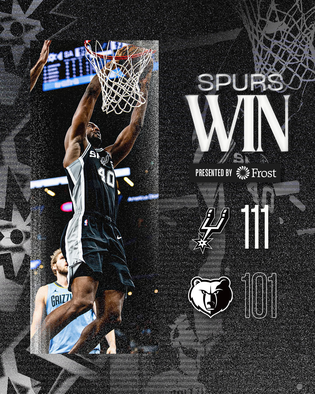 全场比赛结束！马刺主场111-101险胜灰熊，拿到两连胜！🎉马刺（10-4）：