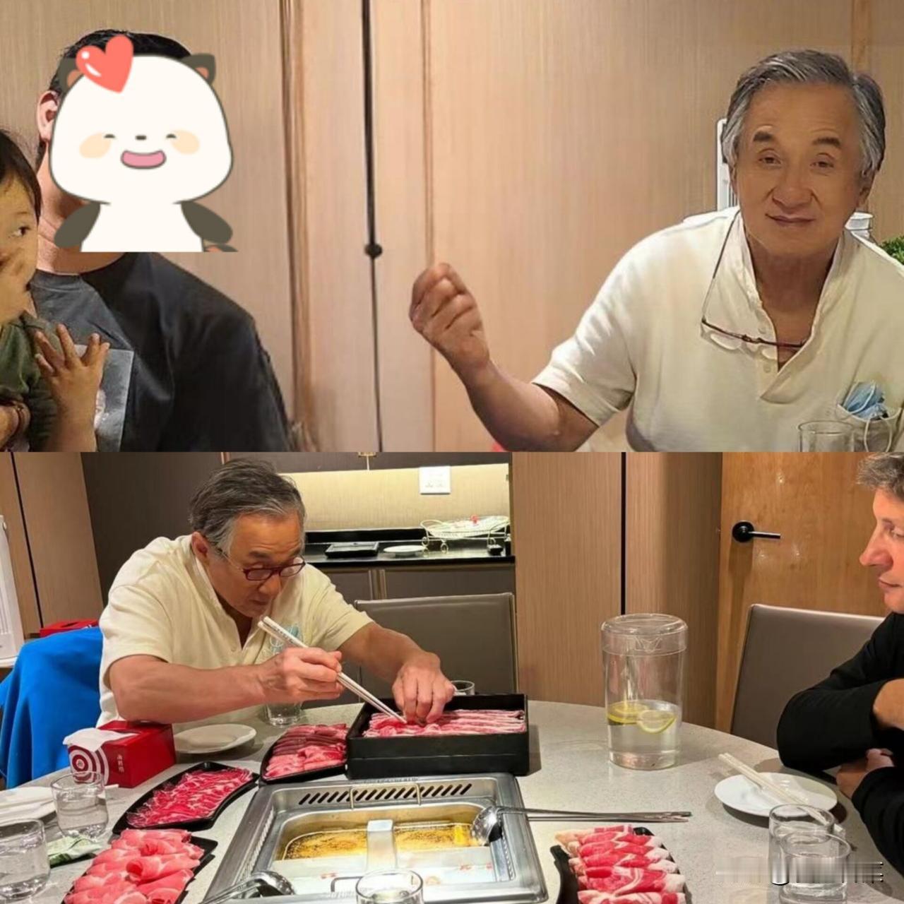 71岁成龙苍老认不出？有网友分享成龙吃火锅的画面，他戴着眼镜，两鬓斑白，皱纹布满