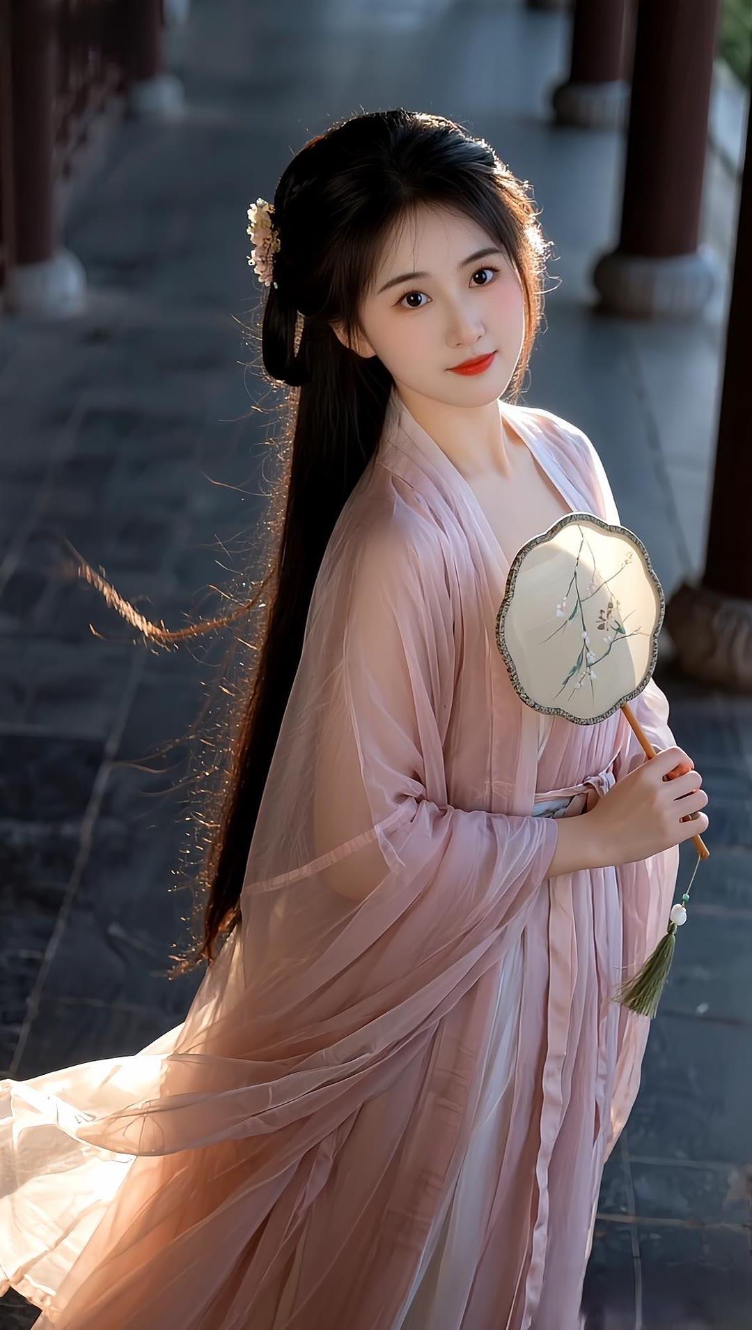 古风少女，轻纱飘逸，手持团扇，漫步在古典庭院中。