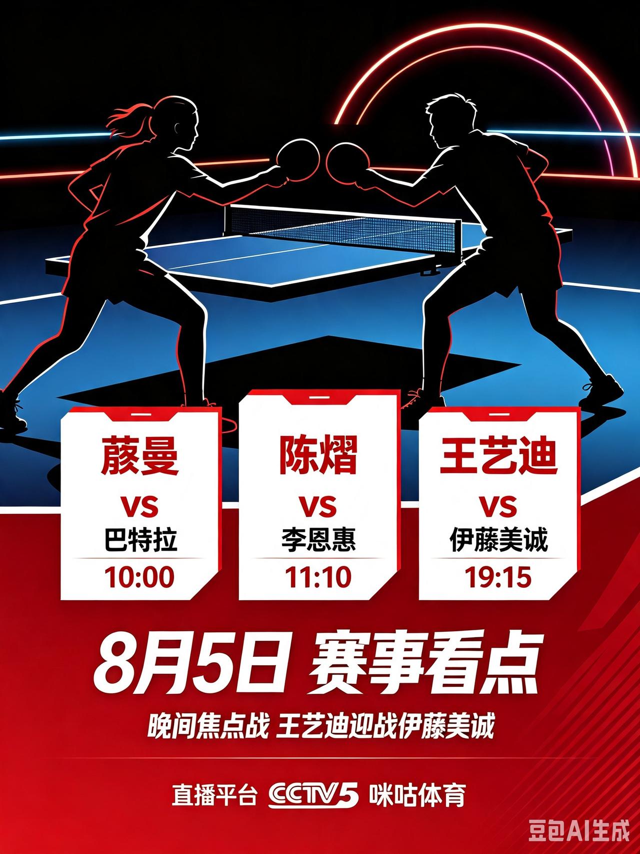 8月5日重点体育赛事预告！今日重头戏为WTT横滨冠军赛多场国乒对决。