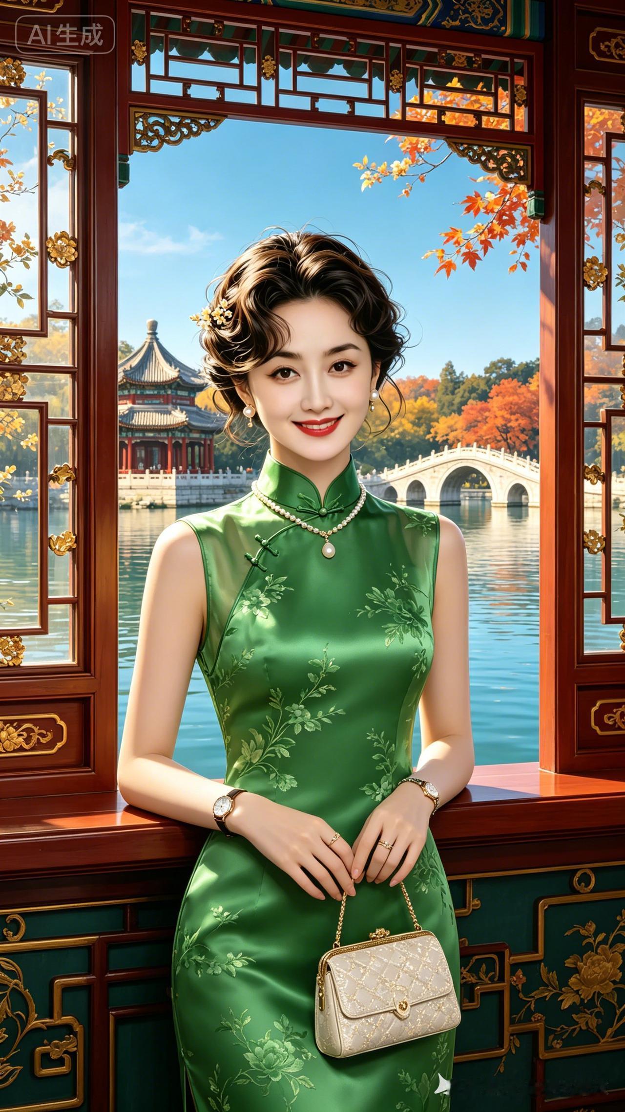 一位女士站在中式窗前，背景是美丽的秋景。