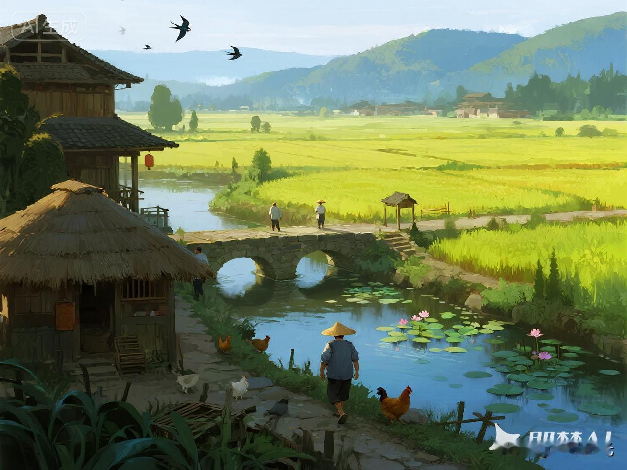 鹧鸪天·乡村风景好麦陇风摇绿浪平，溪桥烟锁燕雏轻。茅檐日暖鸡豚乐，竹院春