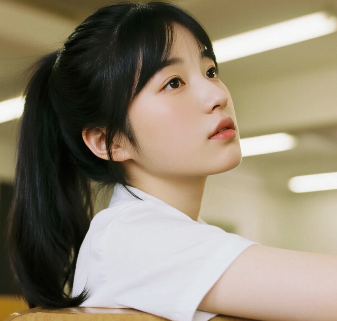 暖黄灯光下，黑发瓷肌少女慵懒地展现她的无辜眼神