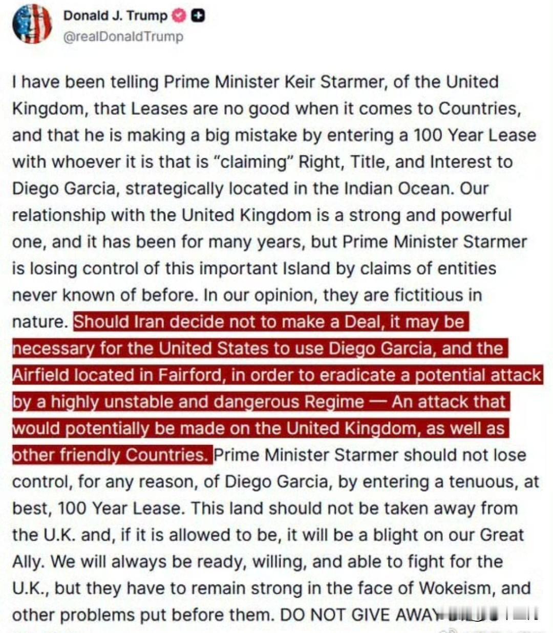 特朗普刚刚公开点名了将用于打击伊朗的军事基地，并把英国拖了进来。在一篇针对斯