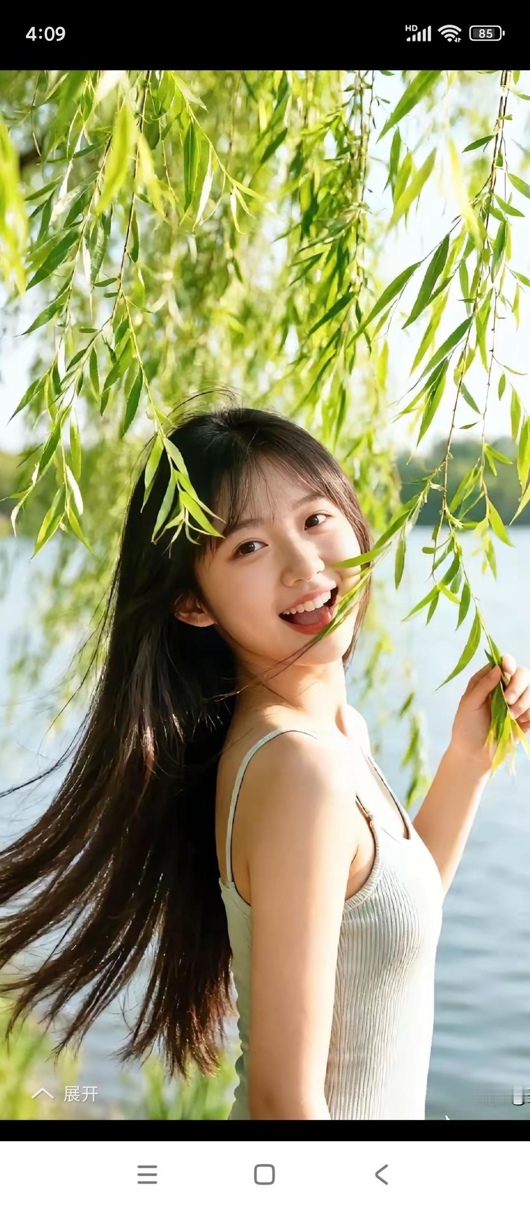 上联：花开映日香扑鼻；我的上联柳舞临风绿盈眸。