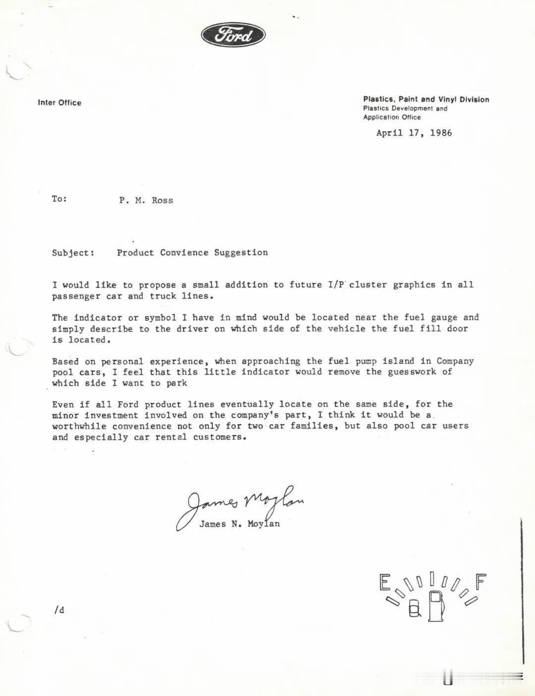 40多年前的一个下雨天，福特公司的工程师莫伊兰在公司园区开车去参加会议。途中，他