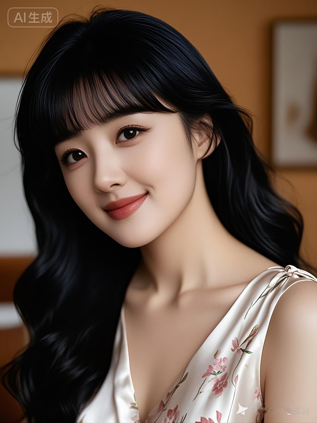 美女齐刘海长发飘飘，身着浅色丝绸缎面印花连衣裙，勾勒优雅身形。她漾着迷人温柔的甜