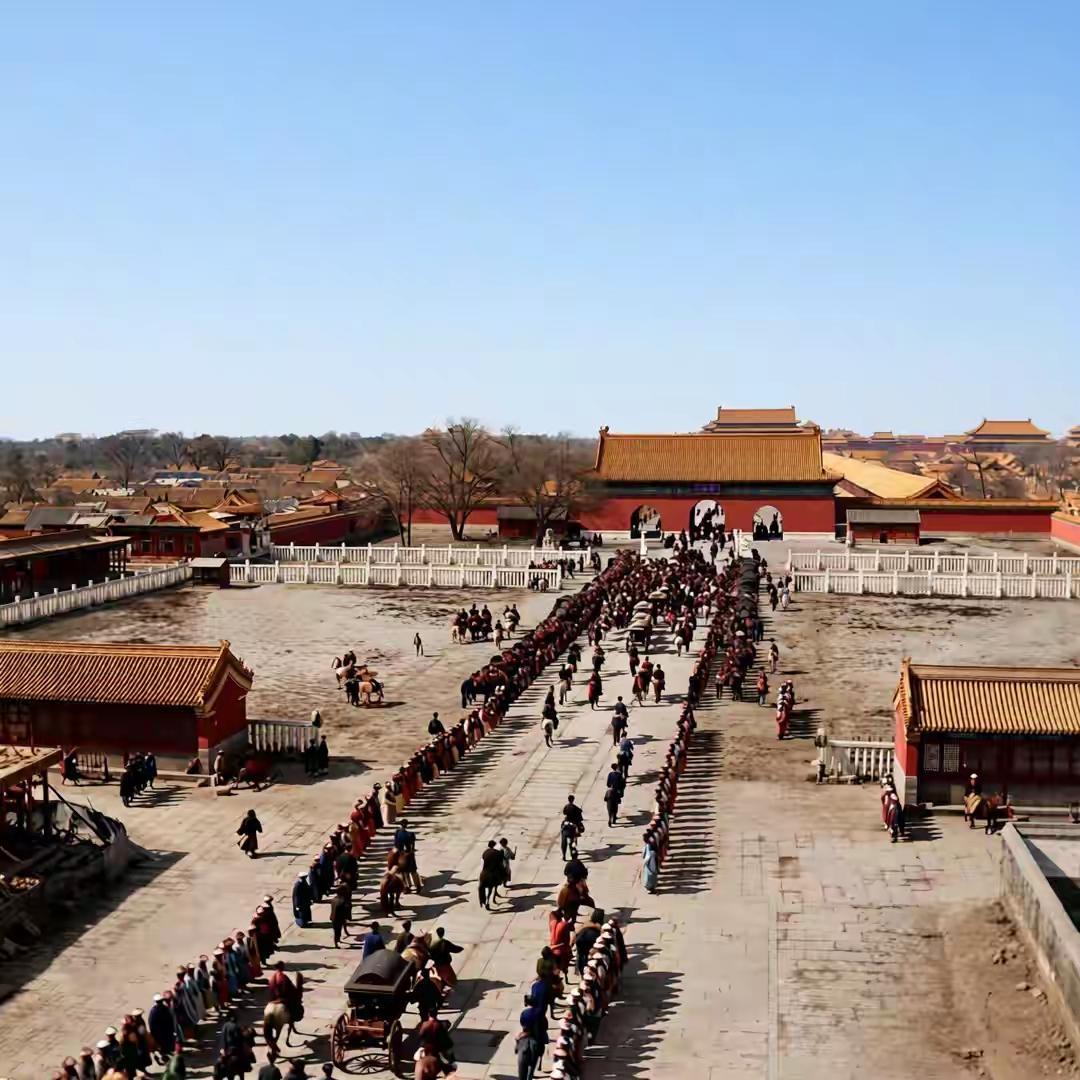 这张1902年的老照片，记录了慈禧和光绪重回紫禁城的一幕。文武百官齐刷刷跪在道