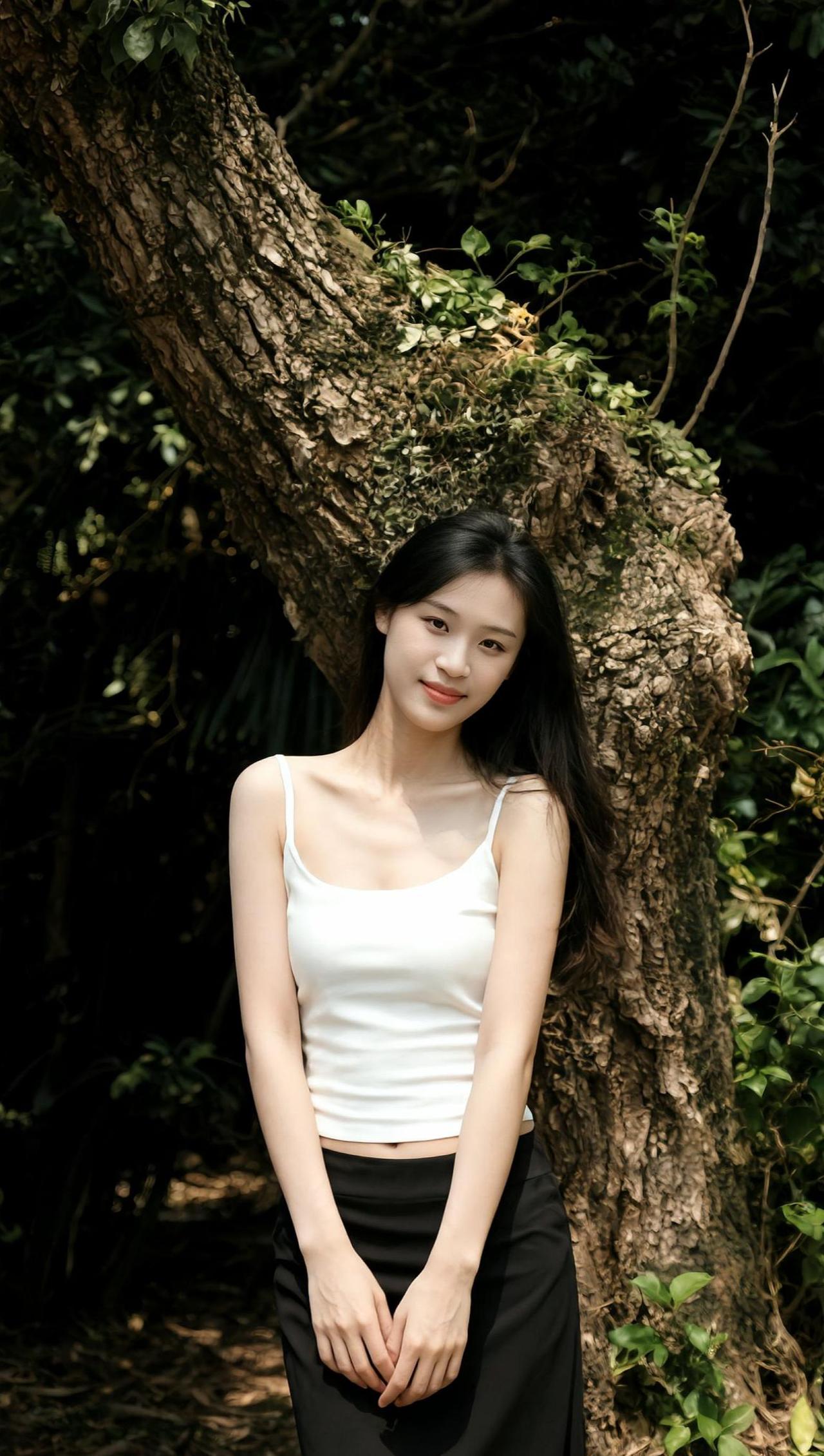 在树影斑驳的午后，阳光透过枝叶洒下细碎的光斑，仿佛时间在此刻凝固。她站在树下，仿