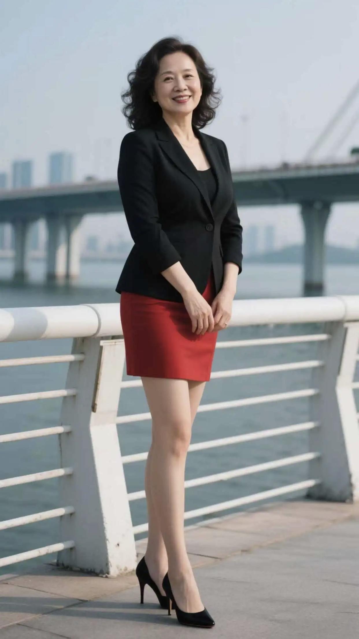 都市女郎的时尚穿搭，自信微笑在桥边！气质穿搭女人味气质女人味穿搭