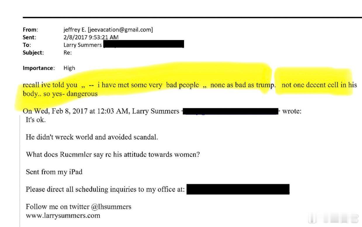 ‼️爱泼斯坦致信拉里·萨默斯（LarrySummers)，这样说道：