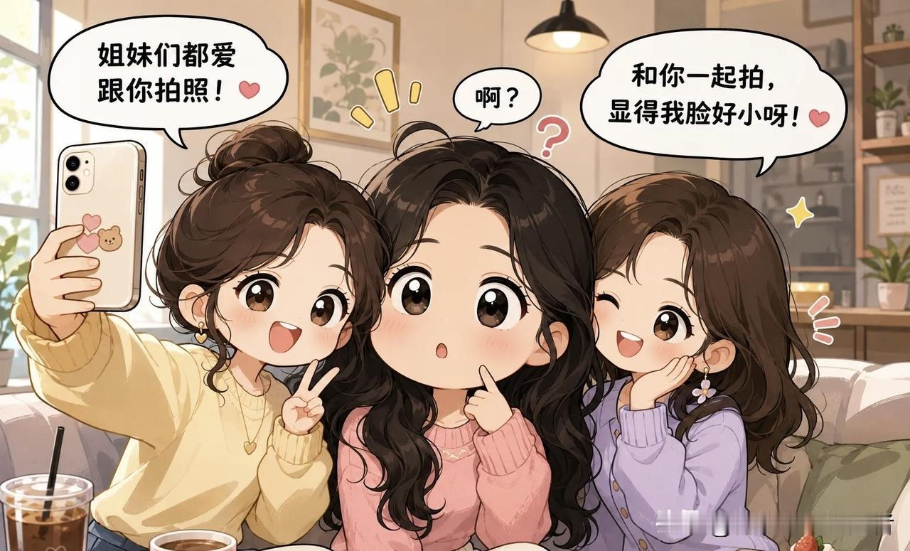 趣味漫画：姐妹们都喜欢和我一起拍照，因为我脸比较大，和我拍照可以显得她们脸小。我