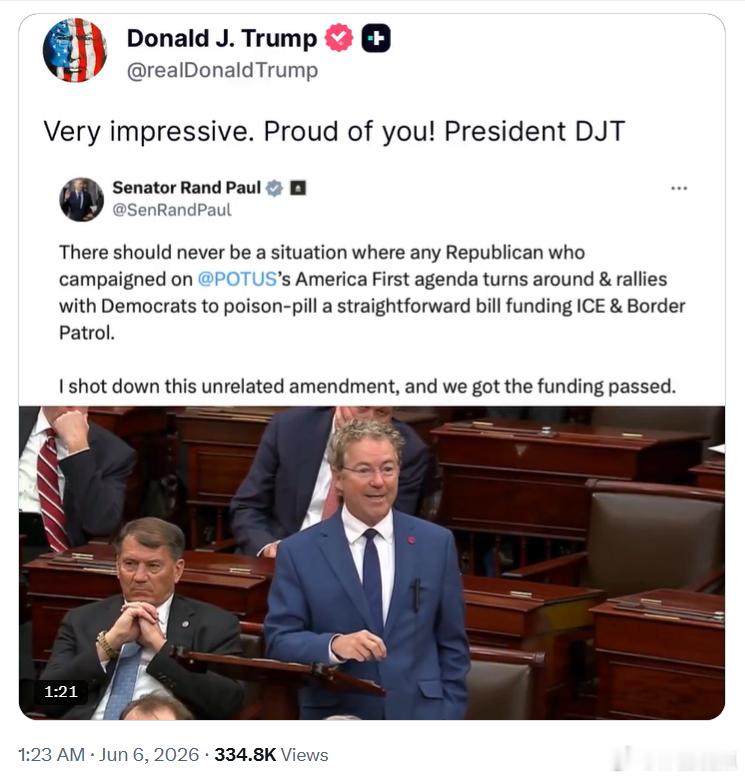 特朗普总统发贴表示，他对参议员兰德·保罗非常自豪，因为保罗成功击败了比尔·卡西迪