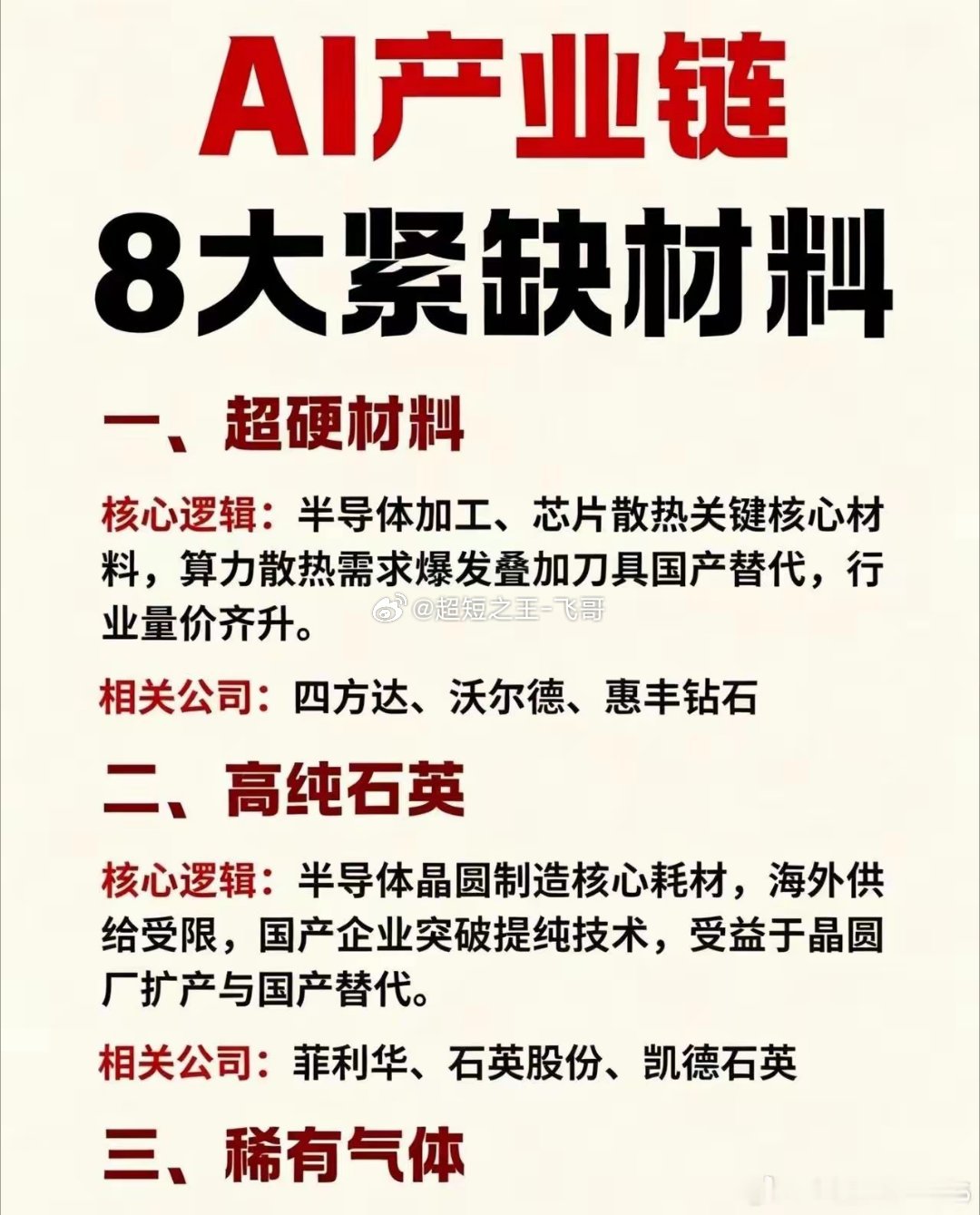 AI产业链里有8大紧缺核心材料个股梳理。比如光刻胶，这可是芯片制造的关键材料，精