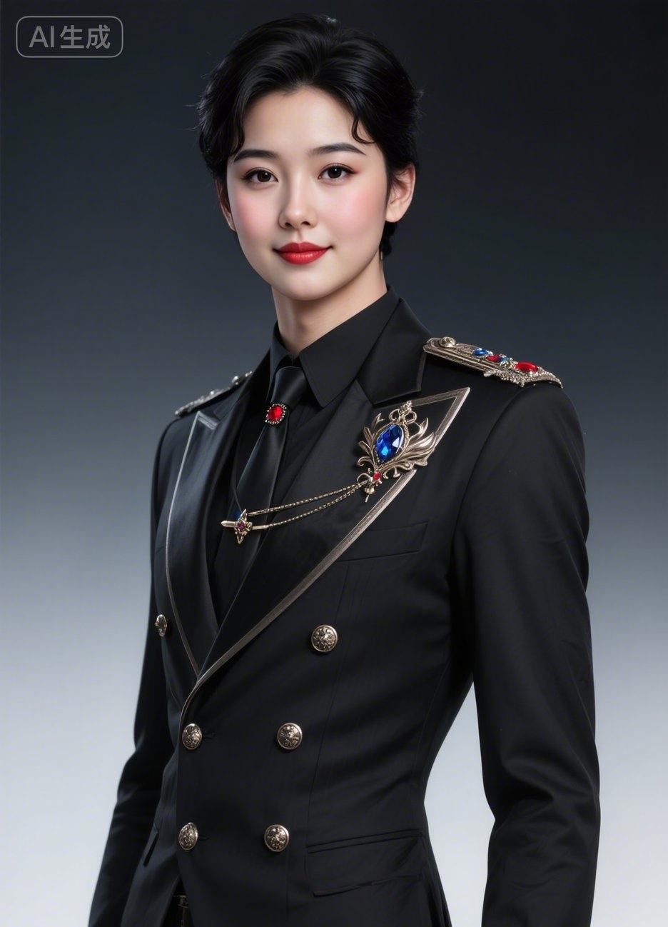 挺拔女子身着黑色皇族服饰，金属配饰、宝石纽扣与领章精致亮眼，身姿俊朗，眉眼唇色出