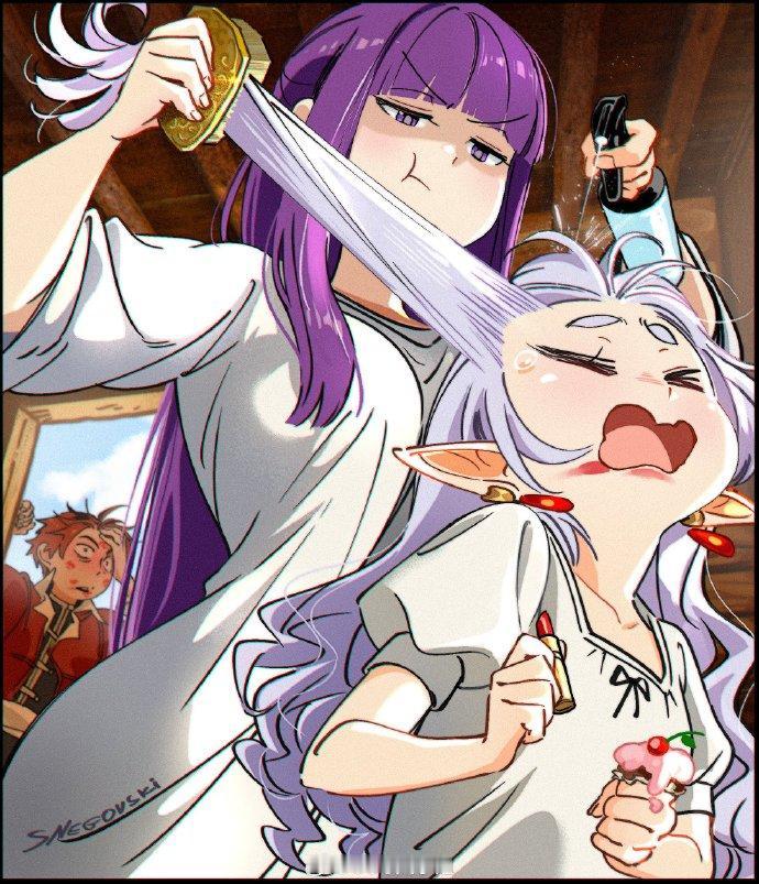 葬送的芙莉莲：嫉妒使人面目全非！这是被梅特戴抱过之后的芙莉莲。回来就受到了菲