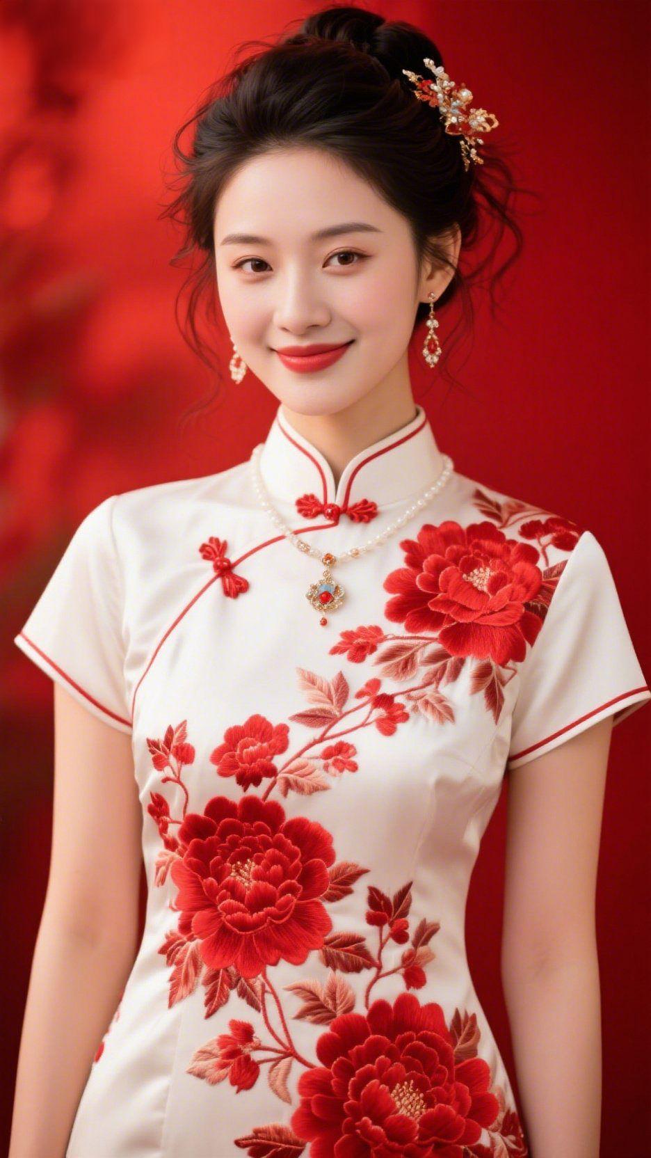 《素襟染丹华》绛色背景如轻拢的霞，月白旗袍似浸了层柔光，襟间绣着的牡丹是鲜