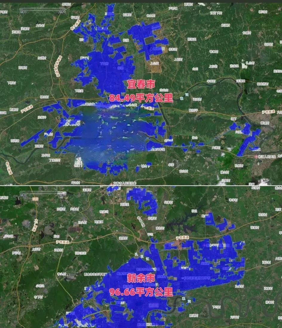 江西的第五大城市新余，其建成区面积达到了96.66平方公里；而江西第六大城市宜春