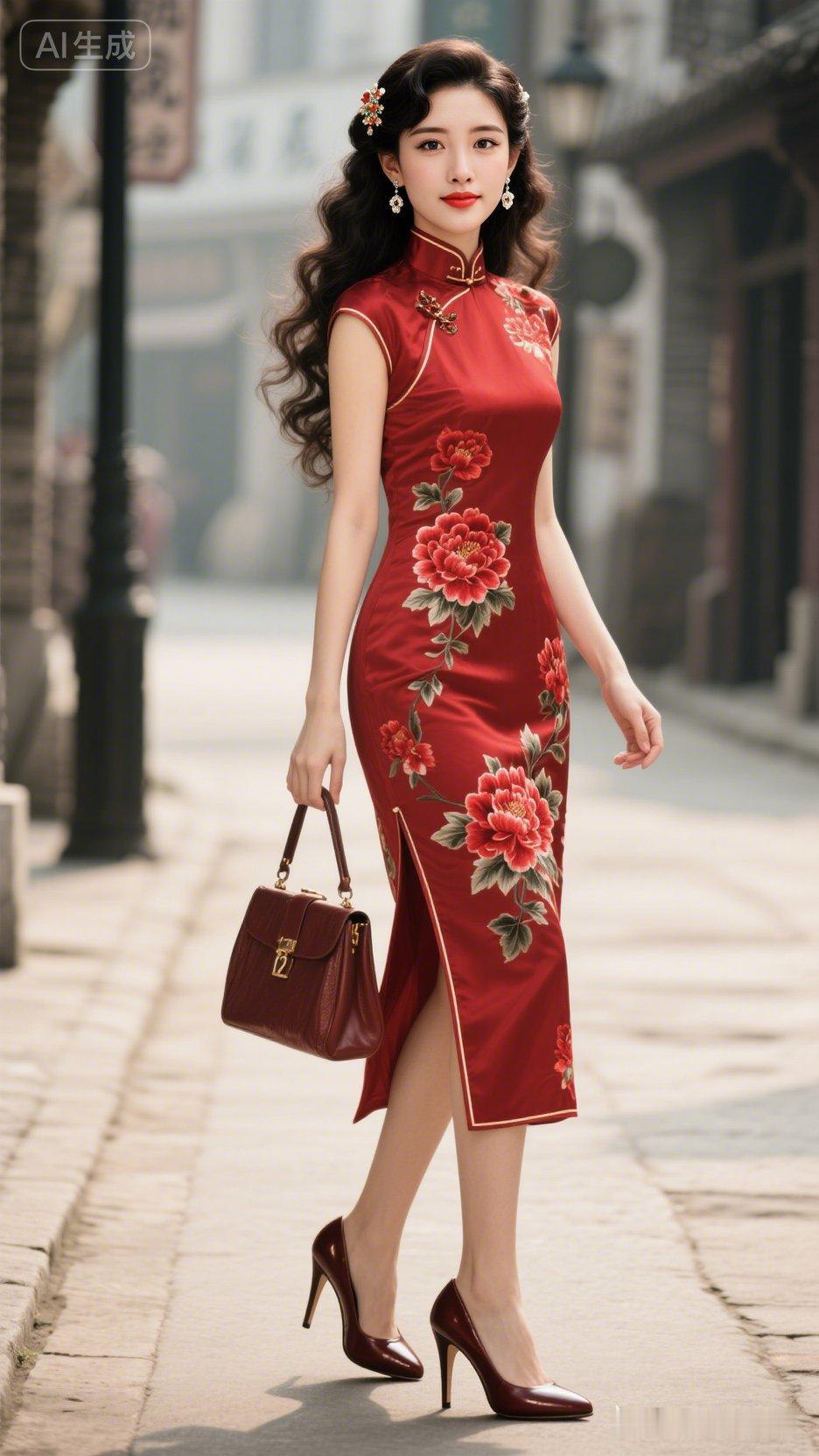 这位美女穿着红色旗袍，优雅地走在街上。