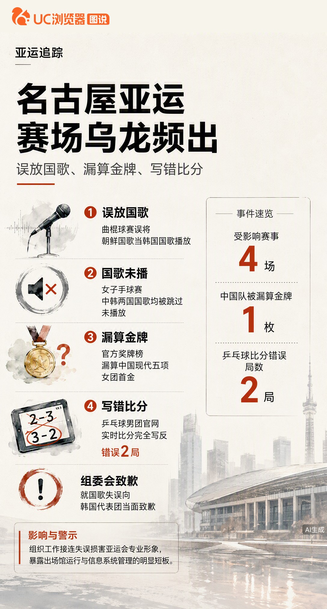 名古屋亚运赛场状况不断：误放国歌、漏算中国现代五项女团金牌、乒乓比分写反。组委会已就国歌失误致歉，但
